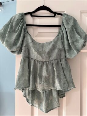 Sage Green Puff-Sleeve Peplum Top